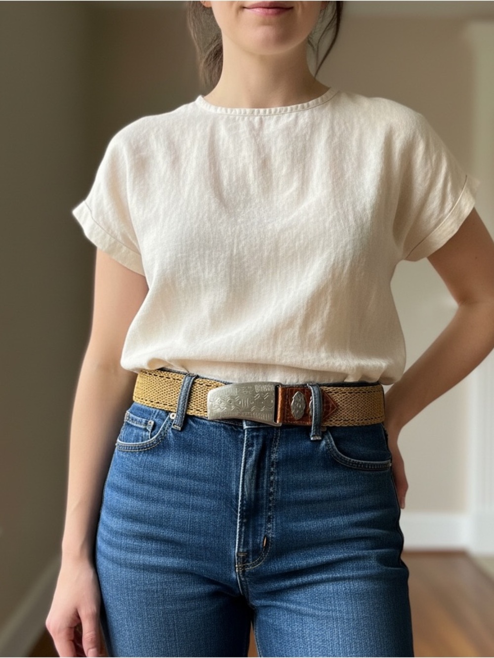 Cache woven belt and etched silver tone hardware S. Excellent condition.
